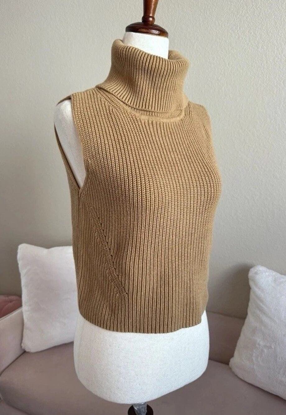 French Connection Sweater Sleeveless Crop Turtle Neck Camel Brown Women’s XS Lux
